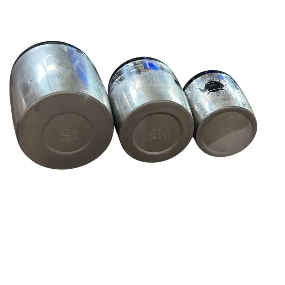 Vintage West Bend Aluminum Canister Set of 3 - Sugar Coffee Tea MCM Black Lids